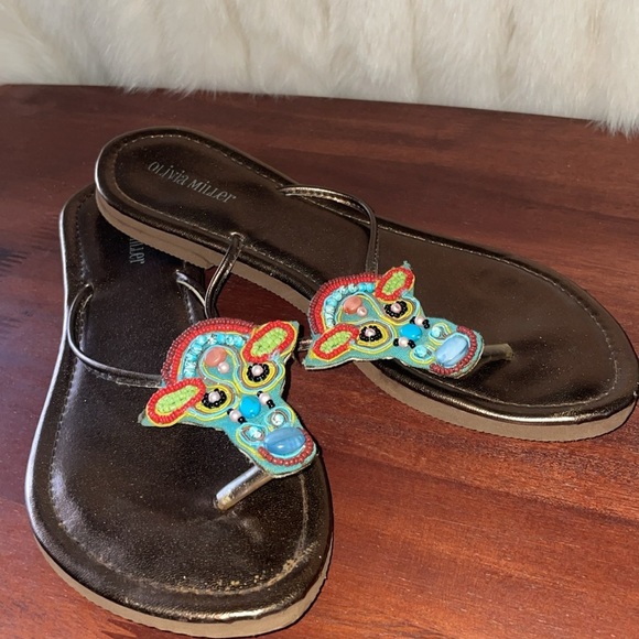 Olivia Miller Colorful Beaded Flip Flop Sandals Copper Lightweight Size 8 - Picture 8 of 8